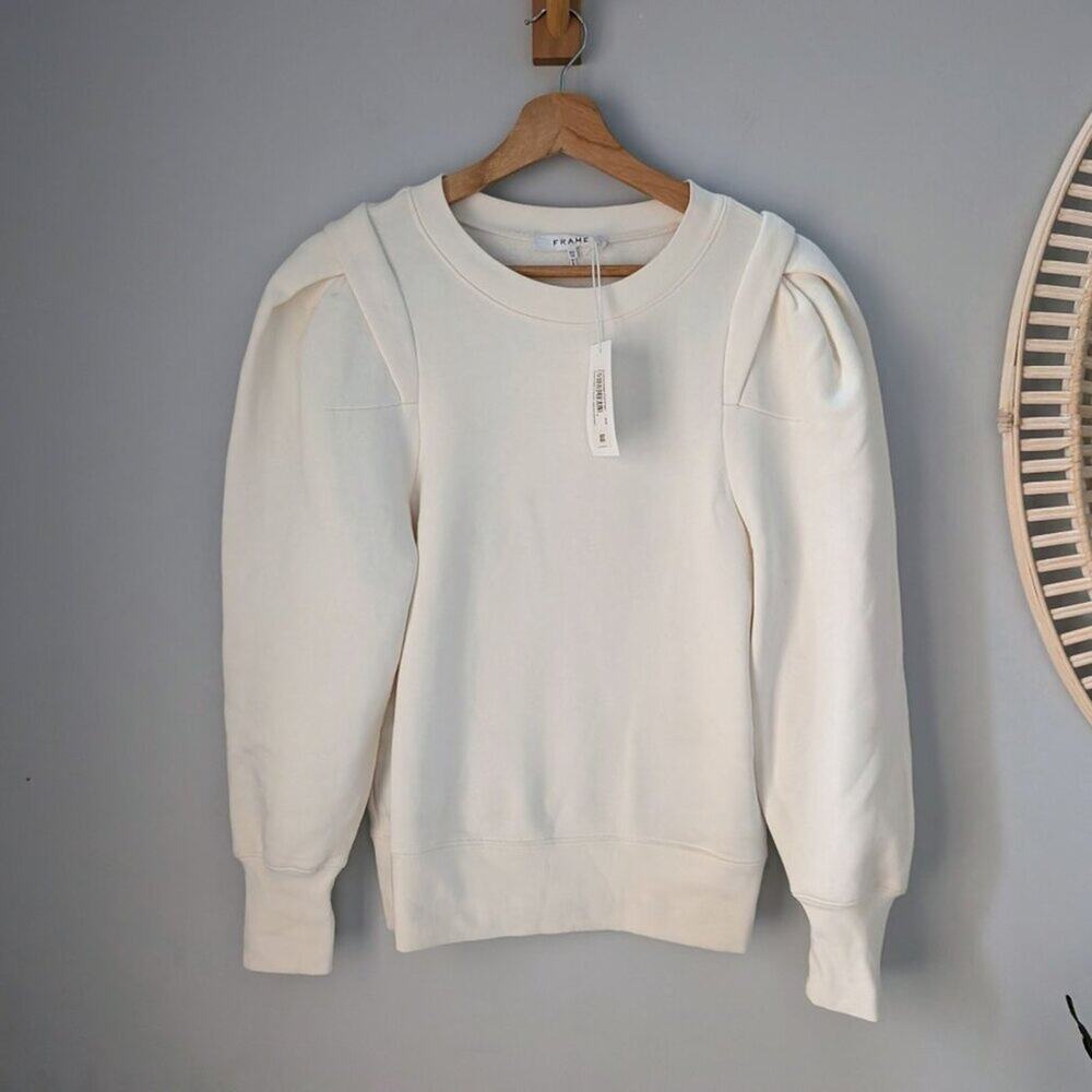 FRAME Pleated Panel Sweatshirt, Off White, size XS, puffed sleeves, NWT, $188